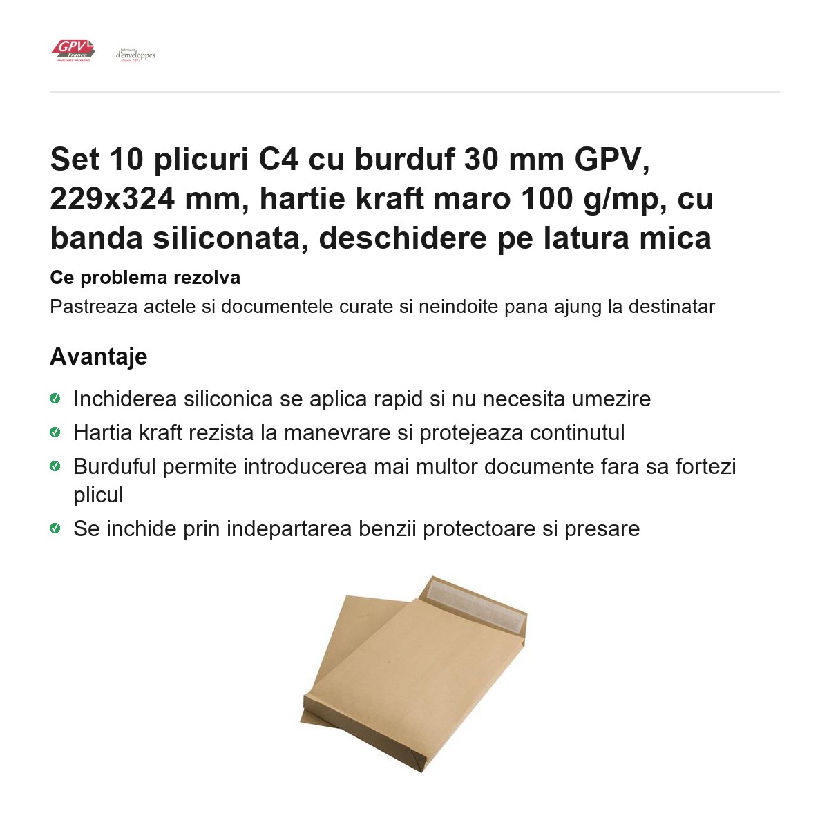 Set 10 plicuri C4 cu burduf 30 mm GPV, 229x324 mm, hartie kraft maro 100 g/mp, cu banda siliconata, deschidere pe latura mica [1]