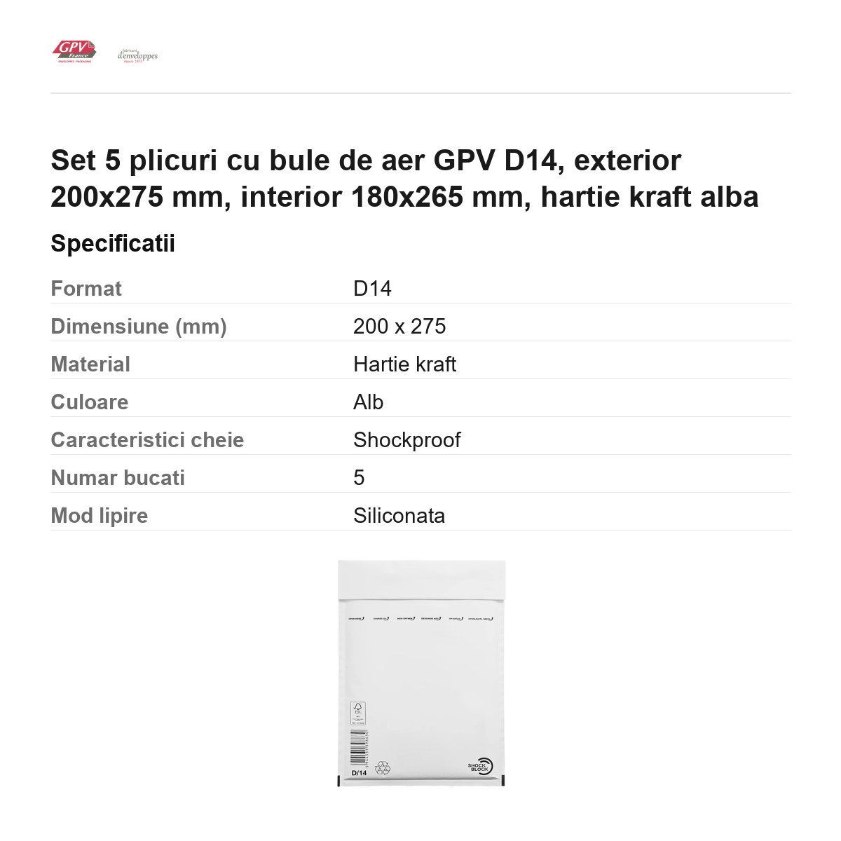 Set 5 plicuri cu bule de aer GPV D14, exterior 200x275 mm, interior 180x265 mm, hartie kraft alba [2]