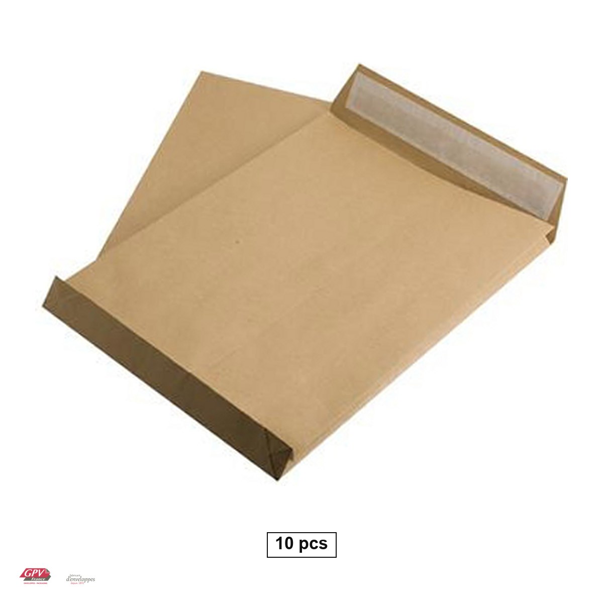 Plicuri siliconice - Set 10 plicuri B4 cu burduf 30 mm GPV, 250x353 mm, hartie kraft maro 120 g/mp, cu banda siliconata, deschidere pe latura mica