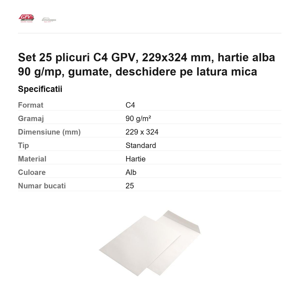 Set 25 plicuri C4 GPV, 229x324 mm, hartie alba 90 g/mp, gumate, deschidere pe latura mica [2]