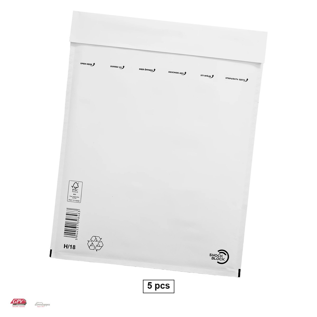Plicuri cu perna aer - Set 5 plicuri cu bule de aer GPV H18, exterior 290x370 mm, interior 270x360 mm, hartie kraft alba