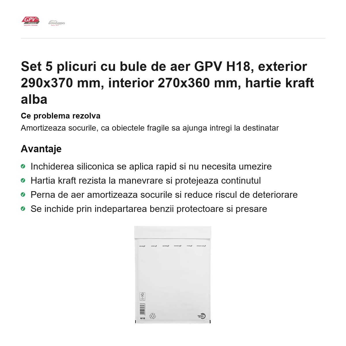 Set 5 plicuri cu bule de aer GPV H18, exterior 290x370 mm, interior 270x360 mm, hartie kraft alba [1]