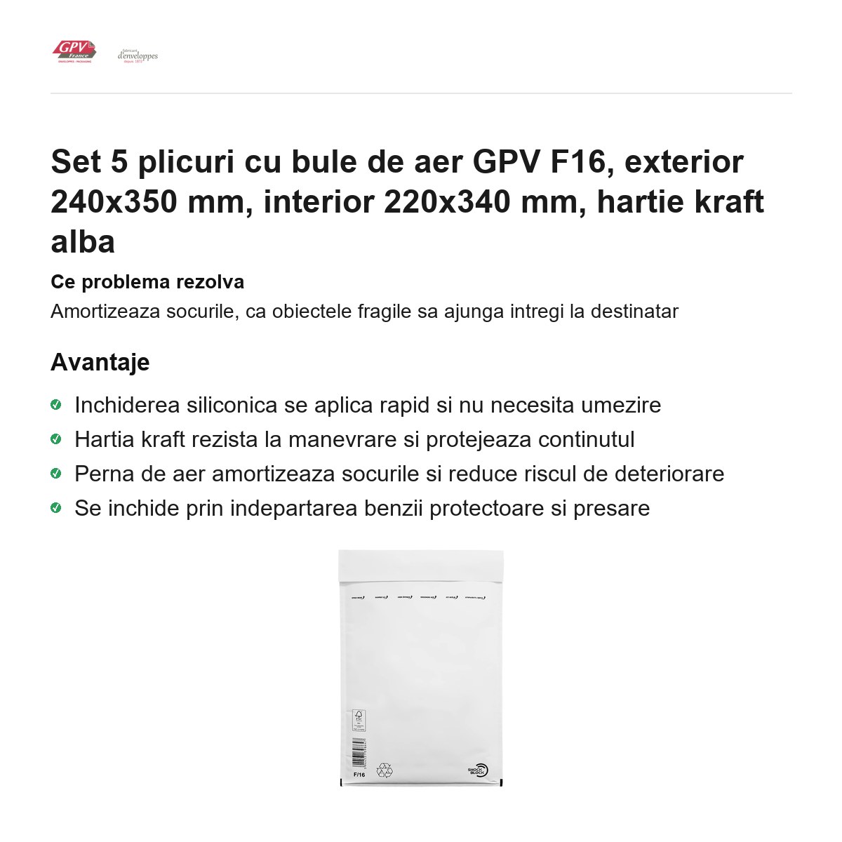Set 5 plicuri cu bule de aer GPV F16, exterior 240x350 mm, interior 220x340 mm, hartie kraft alba [1]