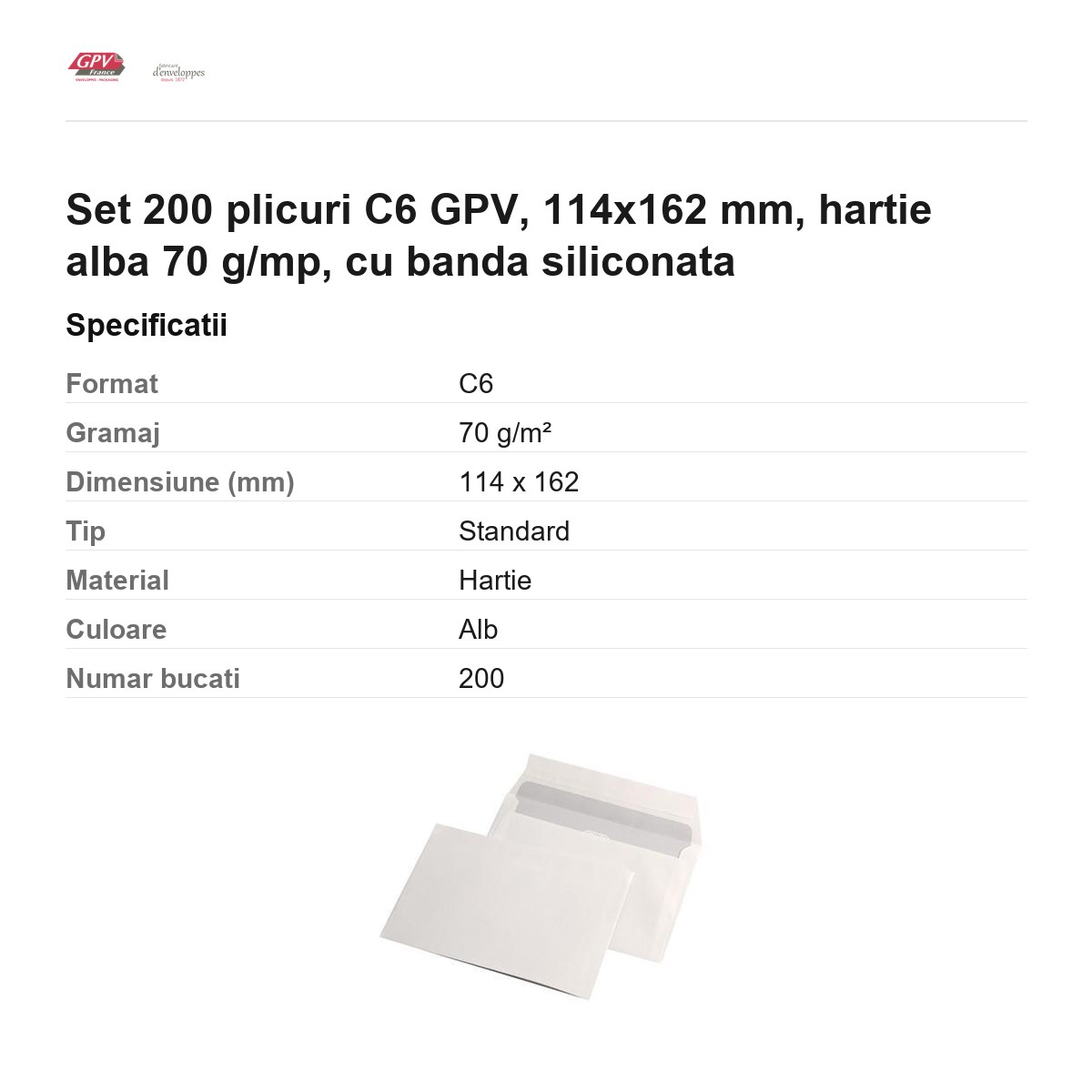 Set 200 plicuri C6 GPV, 114x162 mm, hartie alba 70 g/mp, cu banda siliconata [2]