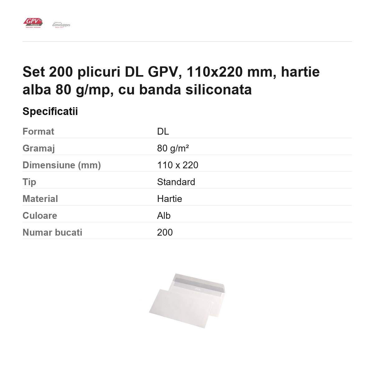 Set 200 plicuri DL GPV, 110x220 mm, hartie alba 80 g/mp, cu banda siliconata [2]