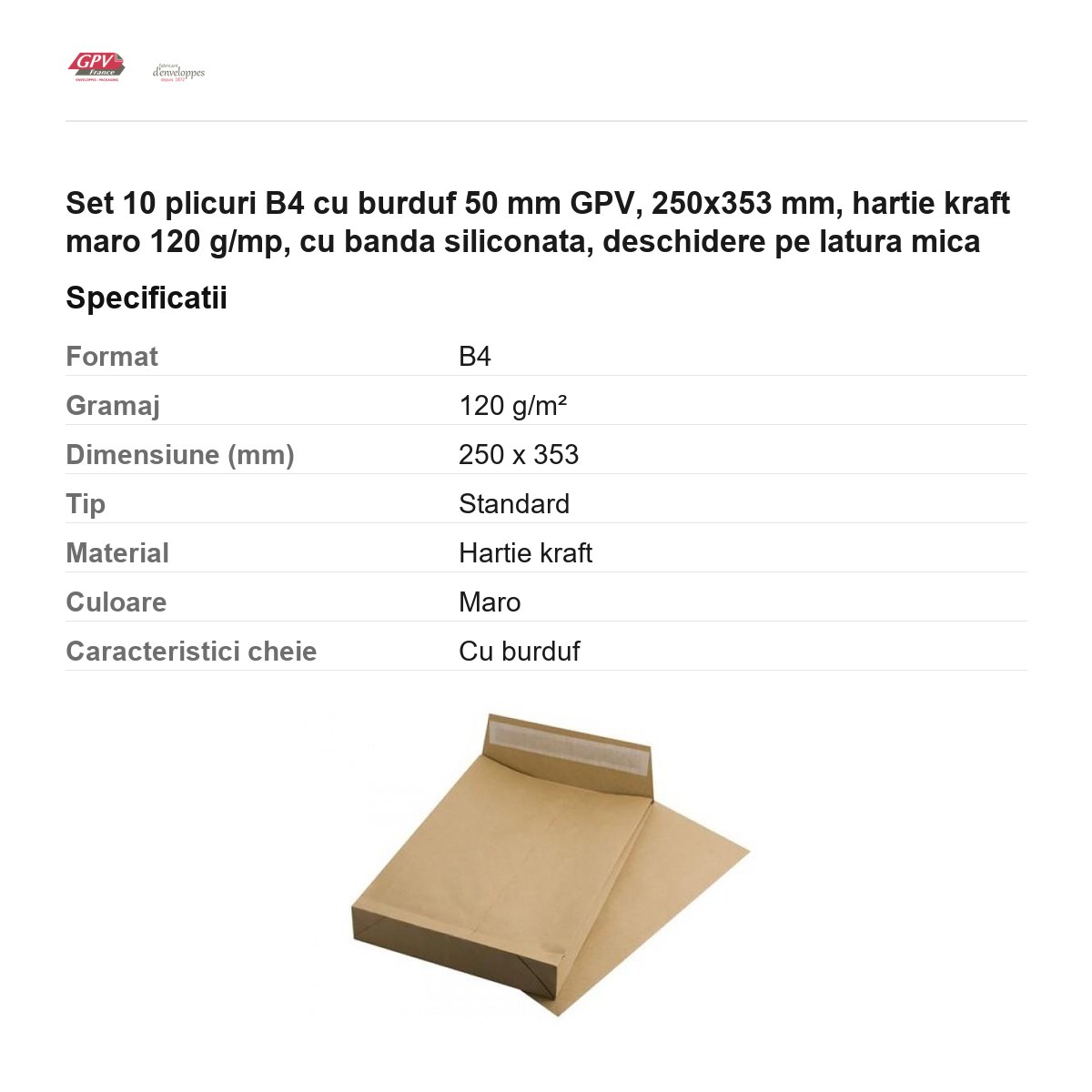 Set 10 plicuri B4 cu burduf 50 mm GPV, 250x353 mm, hartie kraft maro 120 g/mp, cu banda siliconata, deschidere pe latura mica [2]