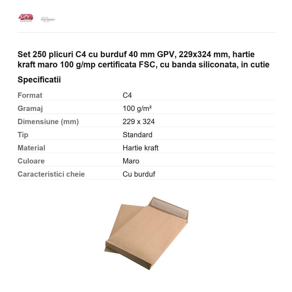 Set 250 plicuri C4 cu burduf 40 mm GPV, 229x324 mm, hartie kraft maro 100 g/mp certificata FSC, cu banda siliconata, in cutie [2]