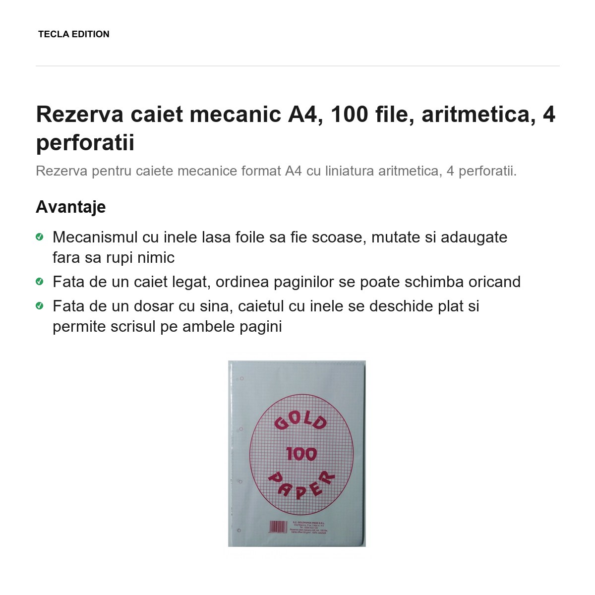 Rezerva caiet mecanic A4, 100 file, aritmetica, 4 perforatii [1]