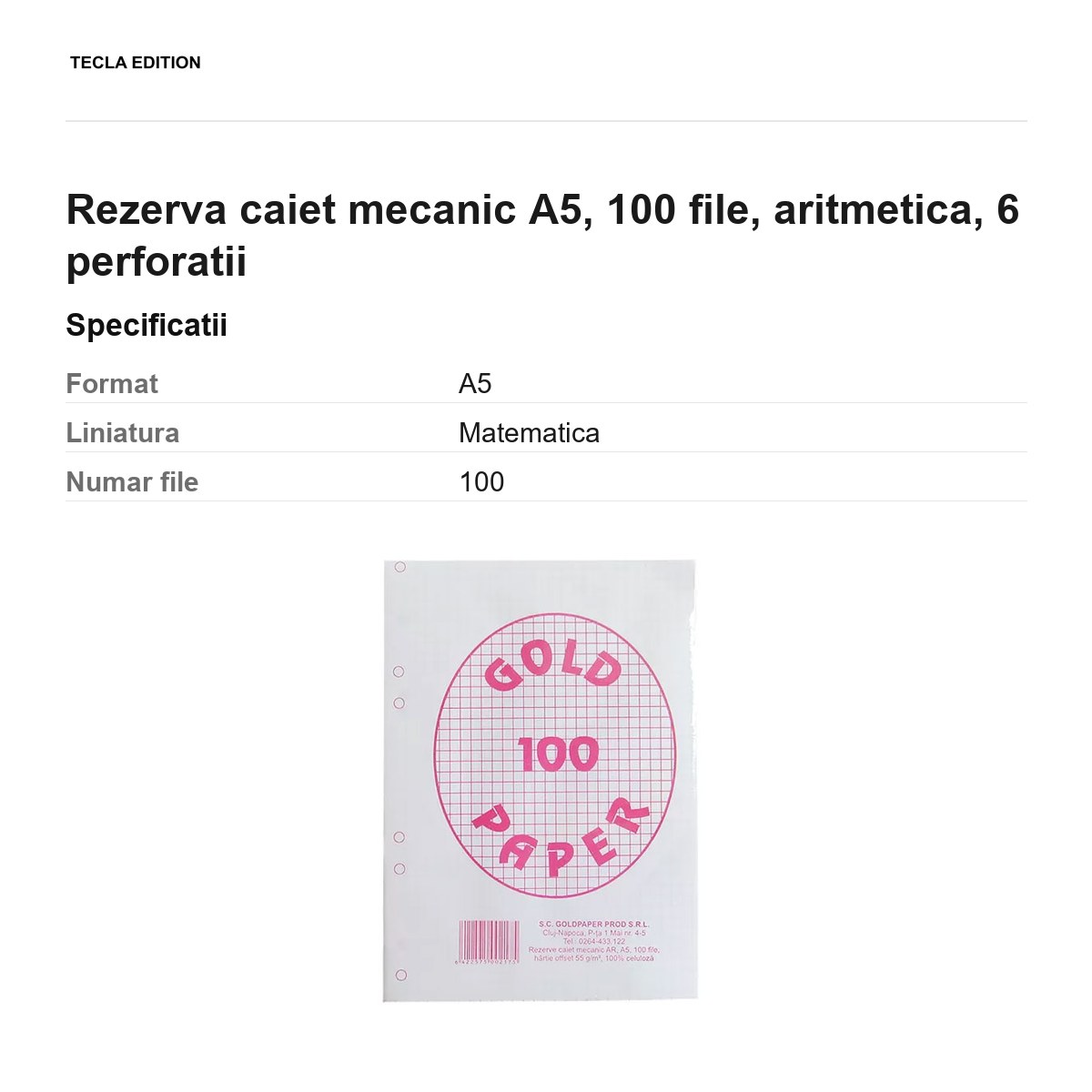 Rezerva caiet mecanic A5, 100 file, aritmetica, 6 perforatii [2]