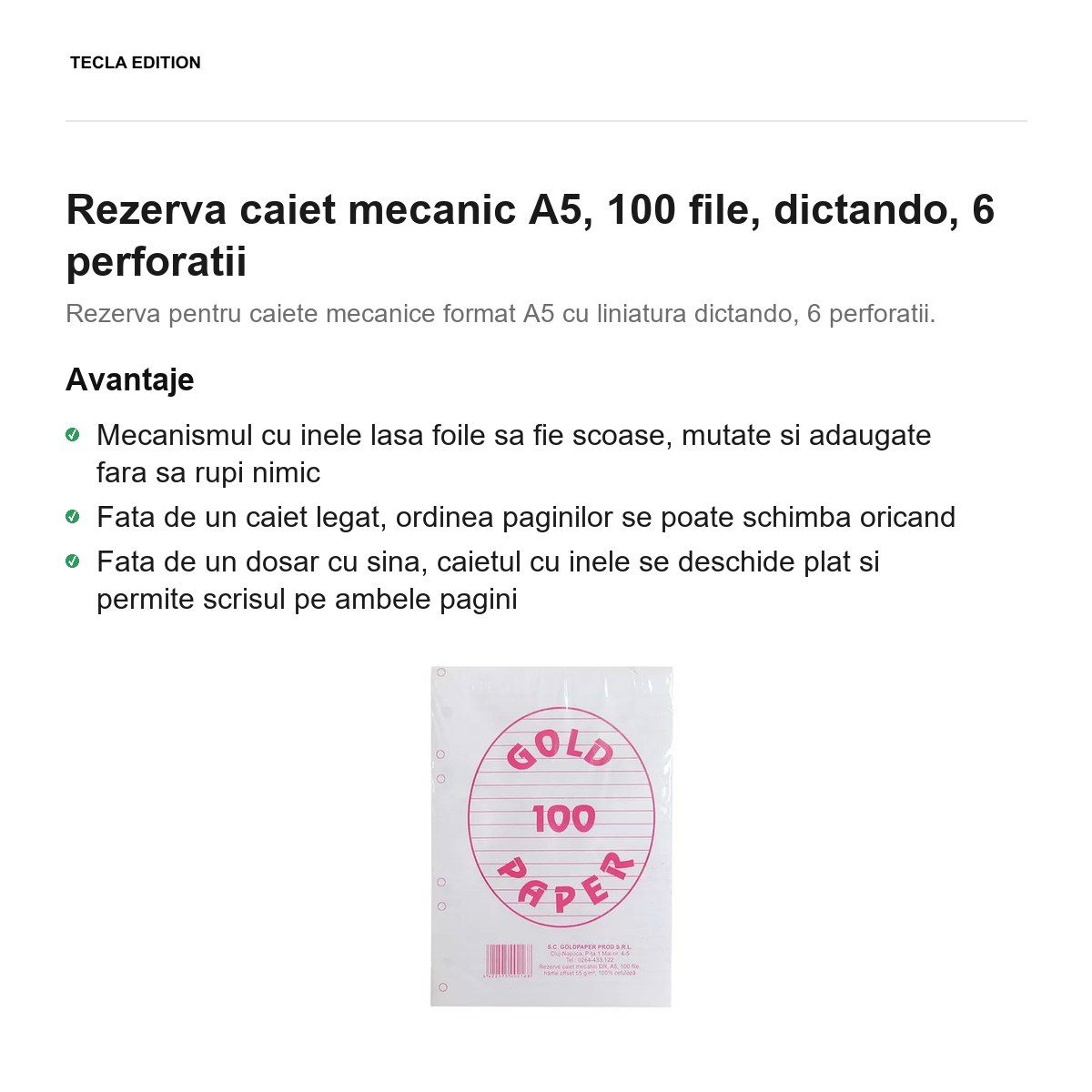 Rezerva caiet mecanic A5, 100 file, dictando, 6 perforatii [1]
