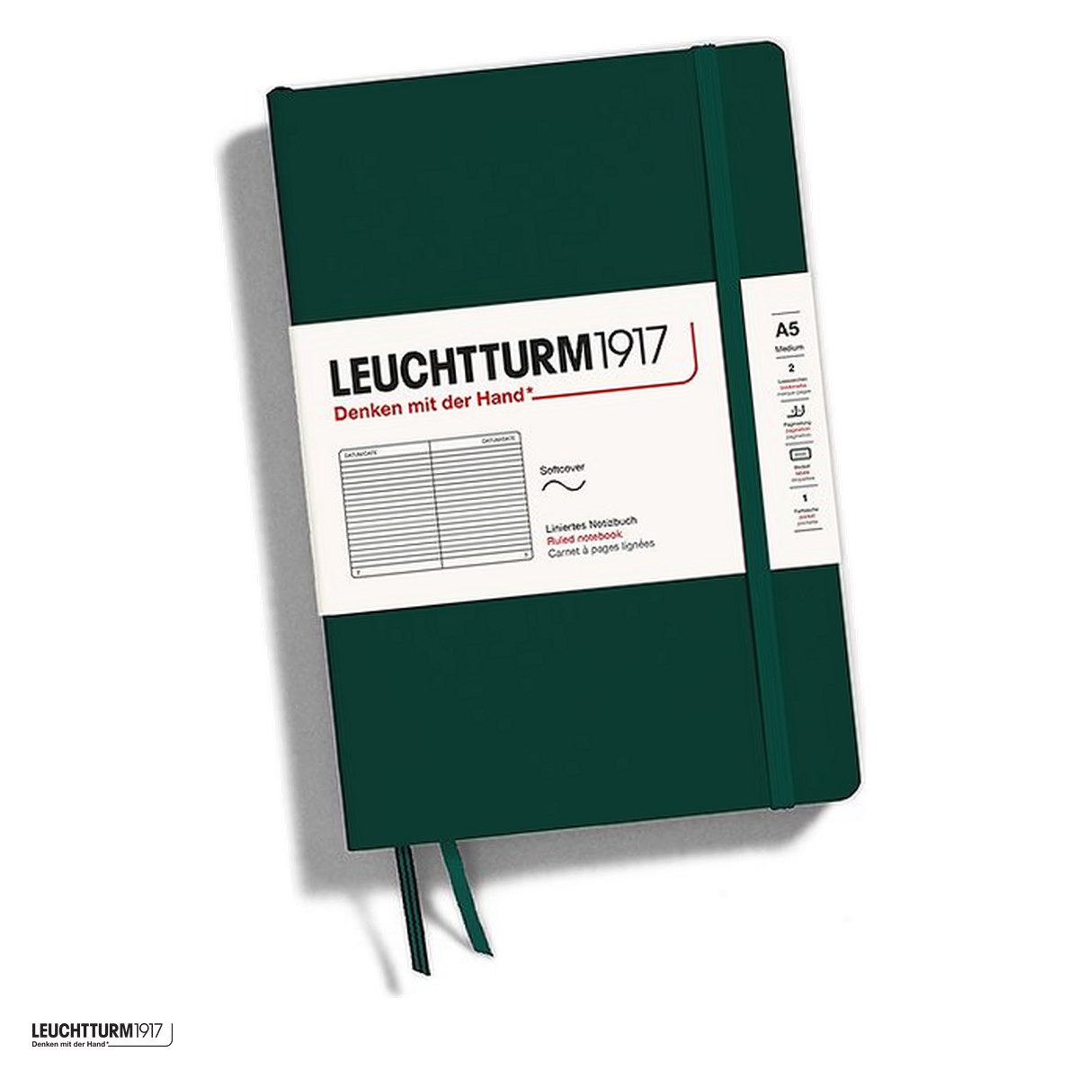 Birotica papetarie - Caiet Leuchtturm1917 Notebook Classic A5, coperta flexibila, dictando, 123 pagini numerotate, hartie 80 g/mp, 145 x 210 mm, cuprins, 2 semne de carte, elastic, buzunar, verde padure