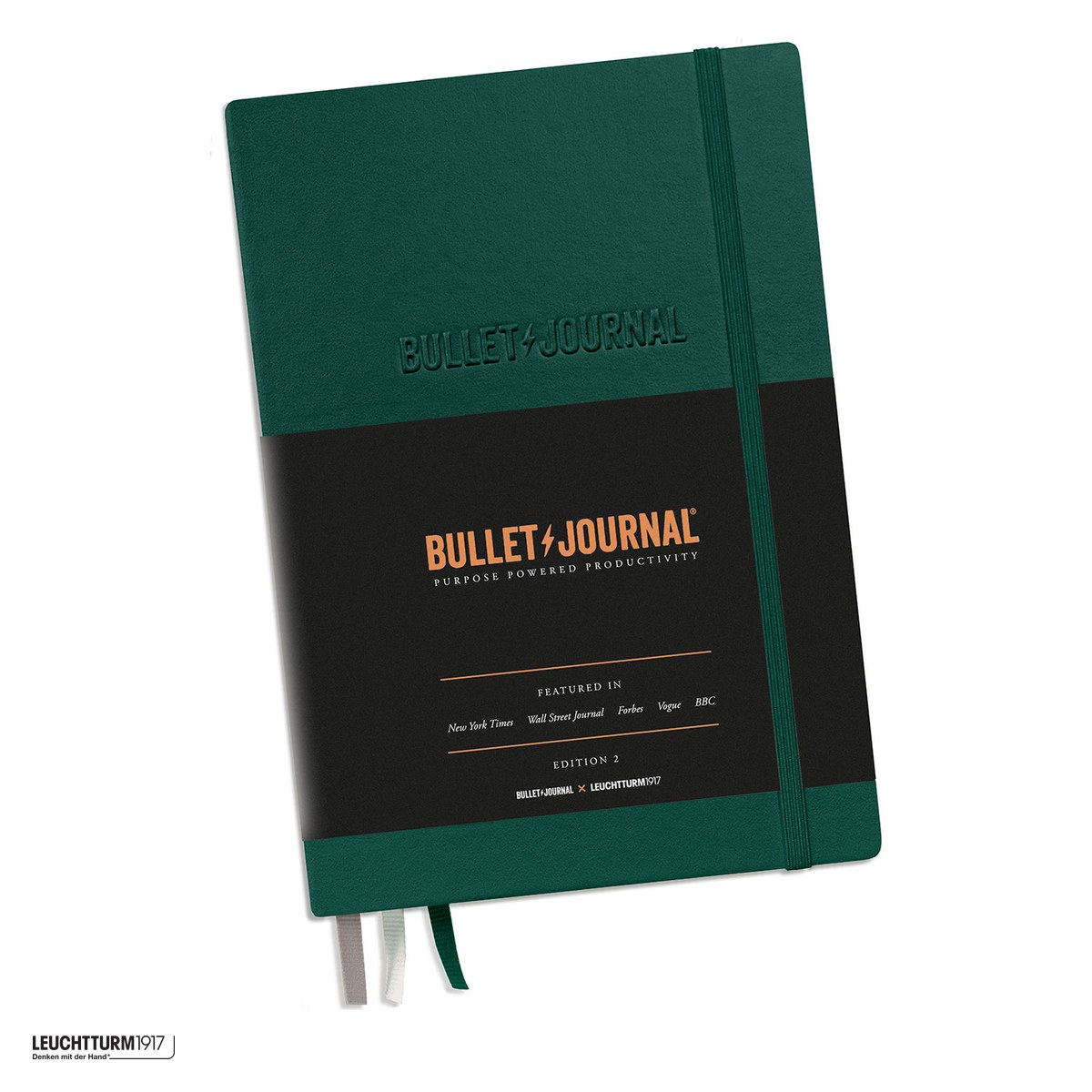Birotica papetarie - Caiet Leuchtturm1917 Bullet Journal Edition 2 A5, coperta rigida, punctat, 206 pagini numerotate, hartie 120 g/mp, 145 x 210 mm, index, Future Log, 3 semne de carte, stickere, verde