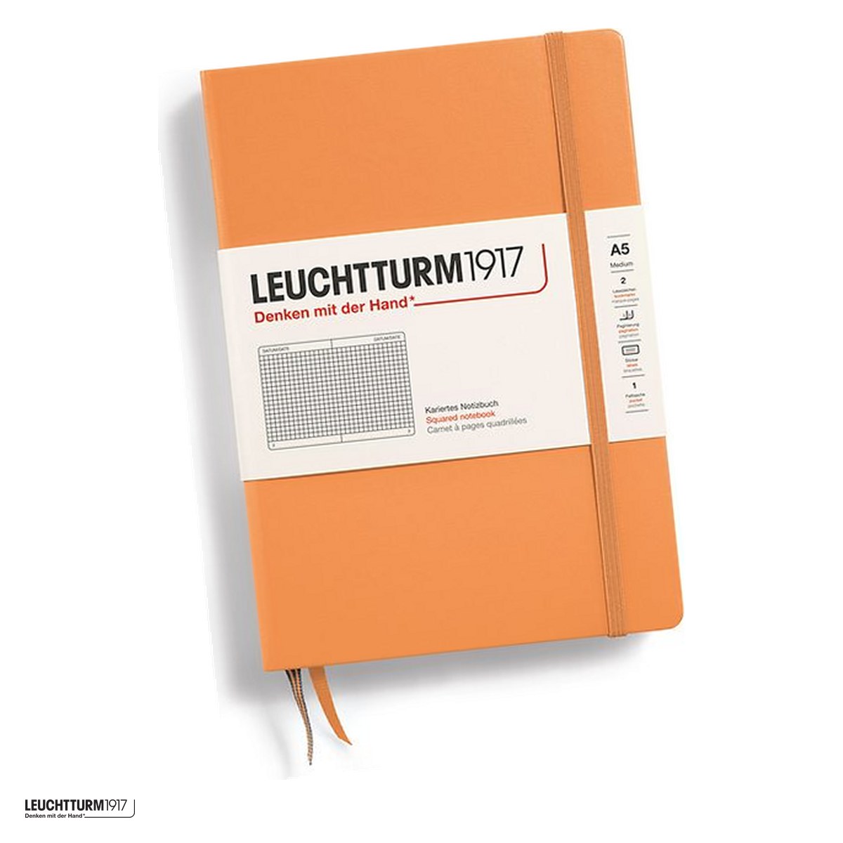 Birotica papetarie - Caiet Leuchtturm1917 Notebook Classic A5, coperta rigida, matematica, 251 pagini numerotate, hartie 80 g/mp, 145 x 210 mm, cuprins, 2 semne de carte, elastic, buzunar, piersica