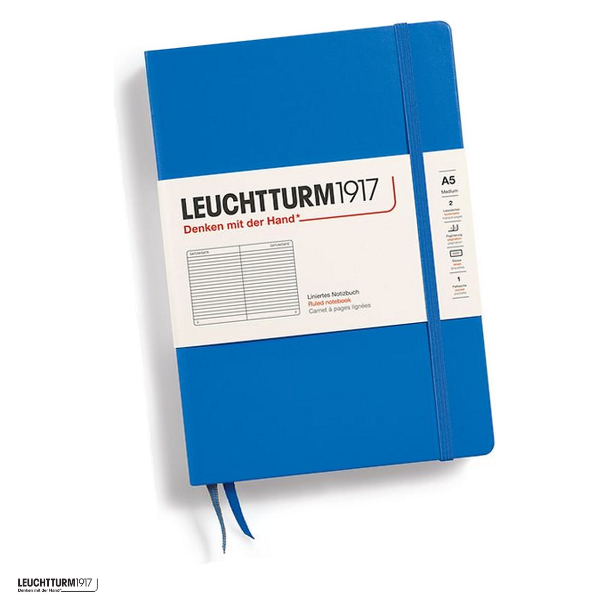 Birotica papetarie - Caiet Leuchtturm1917 Notebook Classic A5, coperta rigida, dictando, 251 pagini numerotate, hartie 80 g/mp, 145 x 210 mm, cuprins, 2 semne de carte, elastic, buzunar, albastru ciel