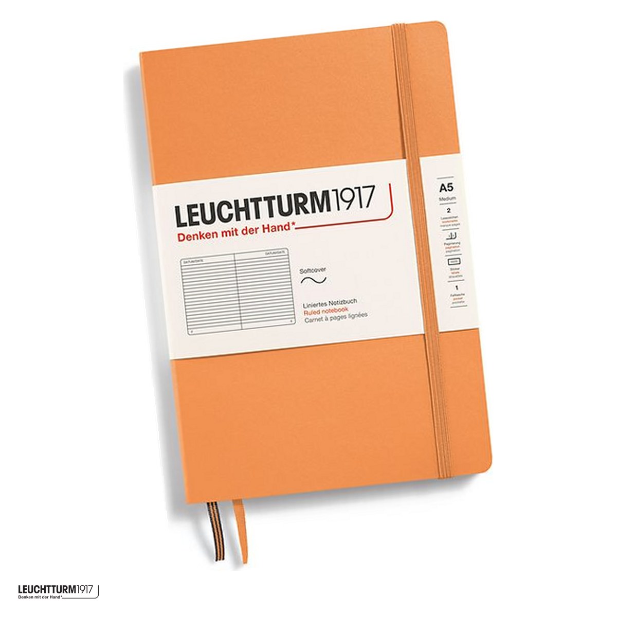 Birotica papetarie - Caiet Leuchtturm1917 Notebook Classic A5, coperta flexibila, dictando, 123 pagini numerotate, hartie 80 g/mp, 145 x 210 mm, cuprins, 2 semne de carte, elastic, buzunar, piersica