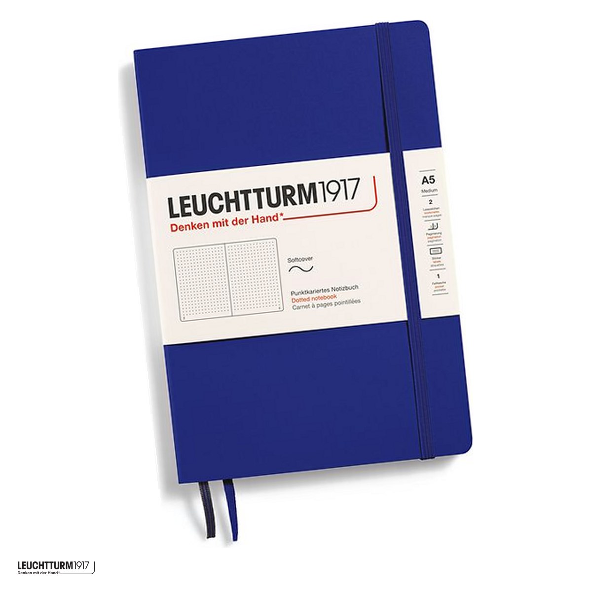 Birotica papetarie - Caiet Leuchtturm1917 Notebook Classic A5, coperta flexibila, punctat, 123 pagini numerotate, hartie 80 g/mp, 145 x 210 mm, cuprins, 2 semne de carte, elastic, buzunar, albastru cerneala