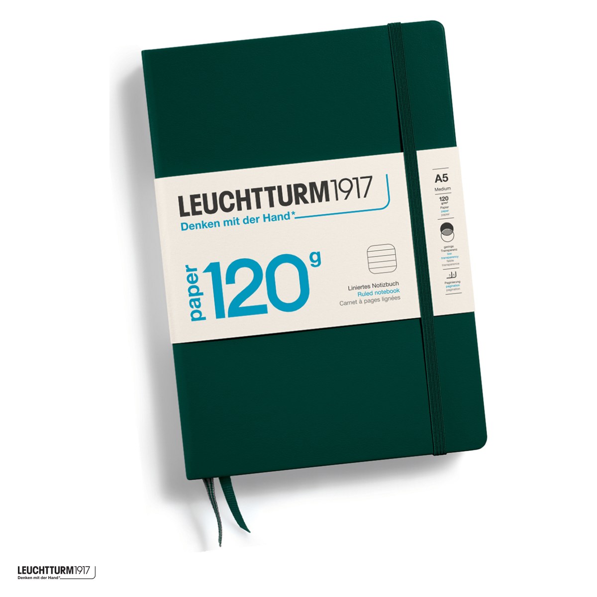 Birotica papetarie - Caiet Leuchtturm1917 Edition 120G A5, coperta rigida, dictando, 203 pagini numerotate, hartie 120 g/mp, 145 x 210 mm, transparenta redusa, cuprins, 2 semne de carte, elastic, verde padure