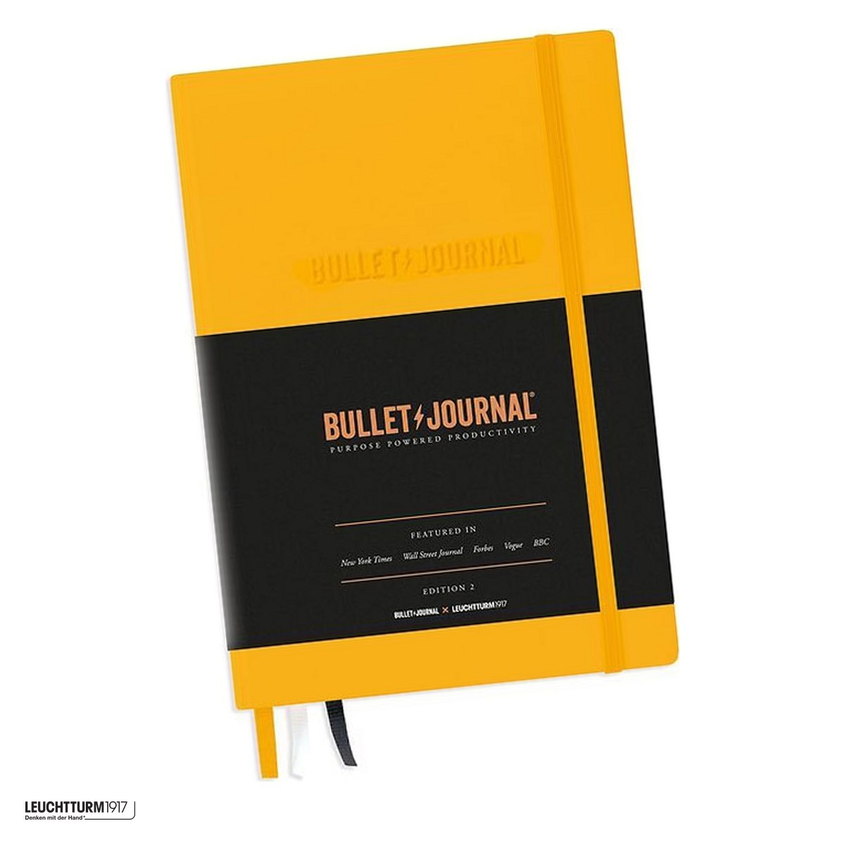 Birotica papetarie - Caiet Leuchtturm1917 Bullet Journal Edition 2 A5, coperta rigida, punctat, 206 pagini numerotate, hartie 120 g/mp, 145 x 210 mm, index, Future Log, 3 semne de carte, stickere, galben