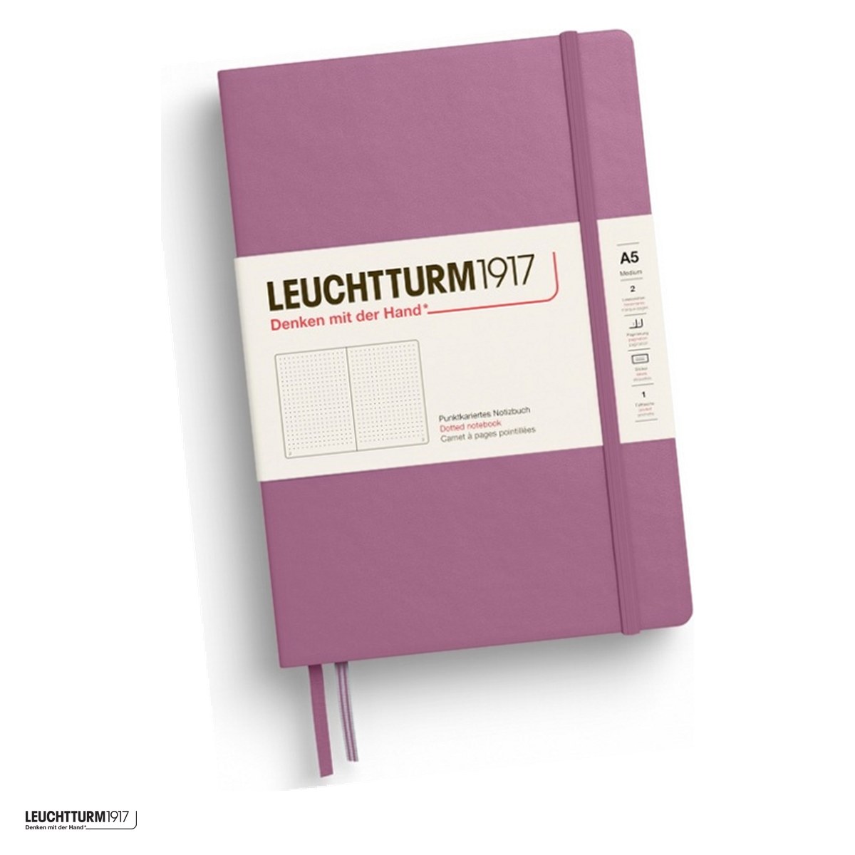 Birotica papetarie - Caiet Leuchtturm1917 Notebook Classic A5, coperta rigida, punctat, 251 pagini numerotate, hartie 80 g/mp, 145 x 210 mm, cuprins, 2 semne de carte, elastic, buzunar, dusty rose