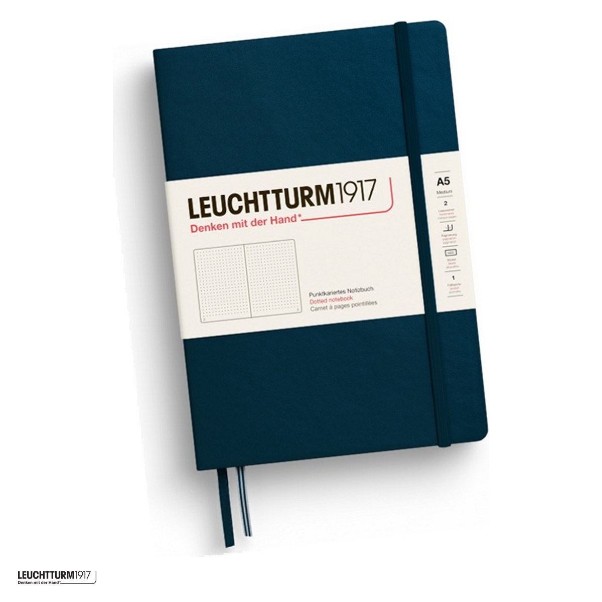 Birotica papetarie - Caiet Leuchtturm1917 Notebook Classic A5, coperta rigida, punctat, 251 pagini numerotate, hartie 80 g/mp, 145 x 210 mm, cuprins, 2 semne de carte, elastic, buzunar, albastru marin