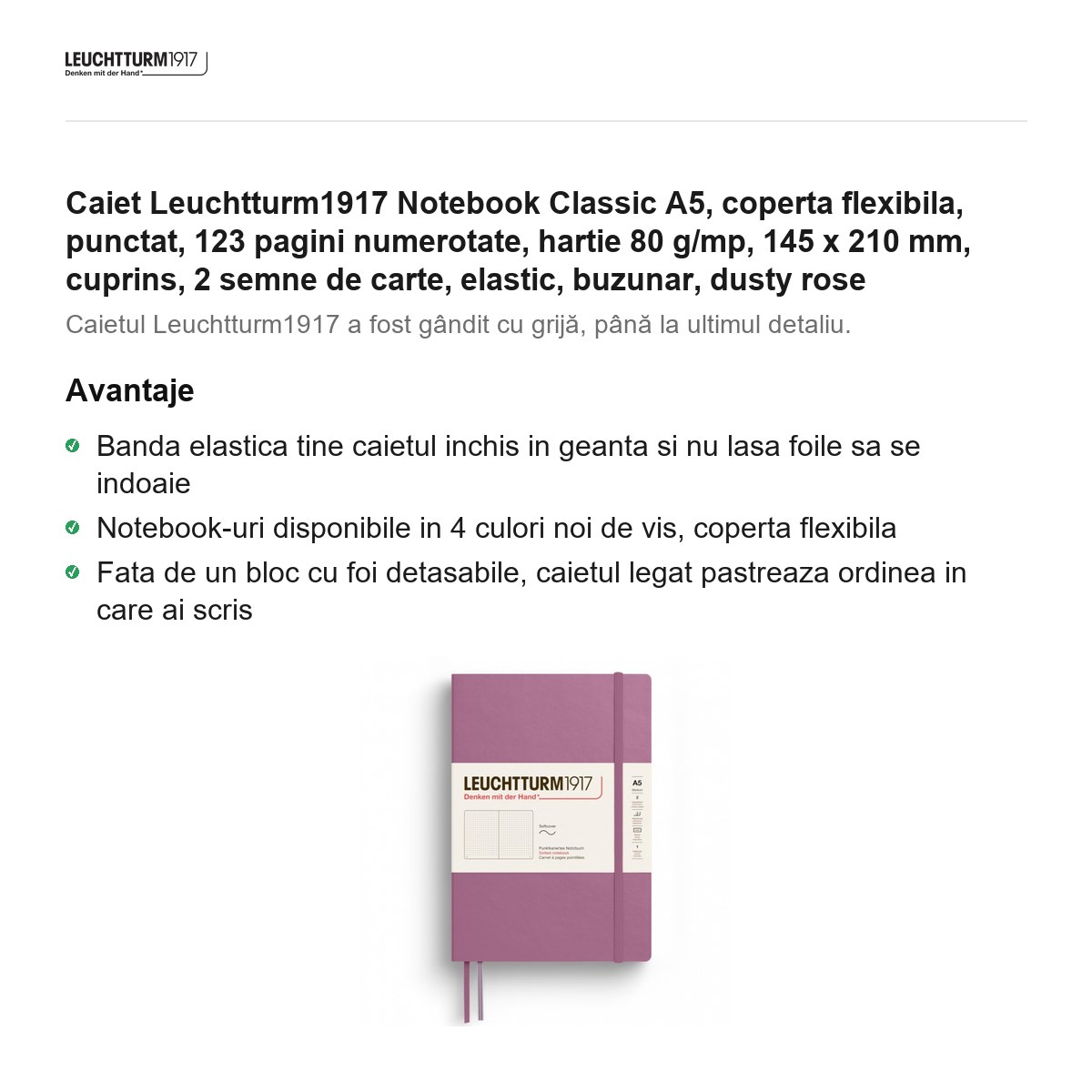 Caiet Leuchtturm1917 Notebook Classic A5, coperta flexibila, punctat, 123 pagini numerotate, hartie 80 g/mp, 145 x 210 mm, cuprins, 2 semne de carte, elastic, buzunar, dusty rose [1]