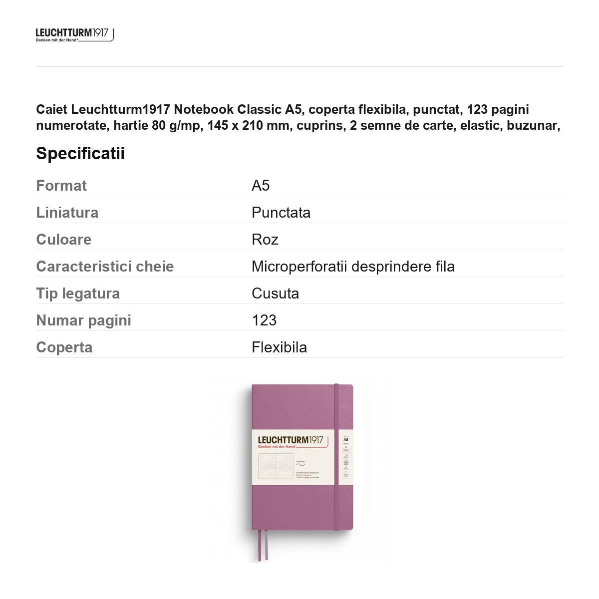 Caiet Leuchtturm1917 Notebook Classic A5, coperta flexibila, punctat, 123 pagini numerotate, hartie 80 g/mp, 145 x 210 mm, cuprins, 2 semne de carte, elastic, buzunar, dusty rose [2]