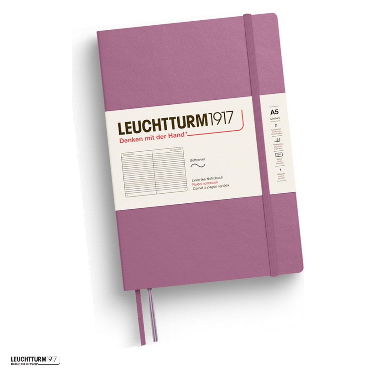 Birotica papetarie - Caiet Leuchtturm1917 Notebook Classic A5, coperta flexibila, dictando, 123 pagini numerotate, hartie 80 g/mp, 145 x 210 mm, cuprins, 2 semne de carte, elastic, buzunar, dusty rose
