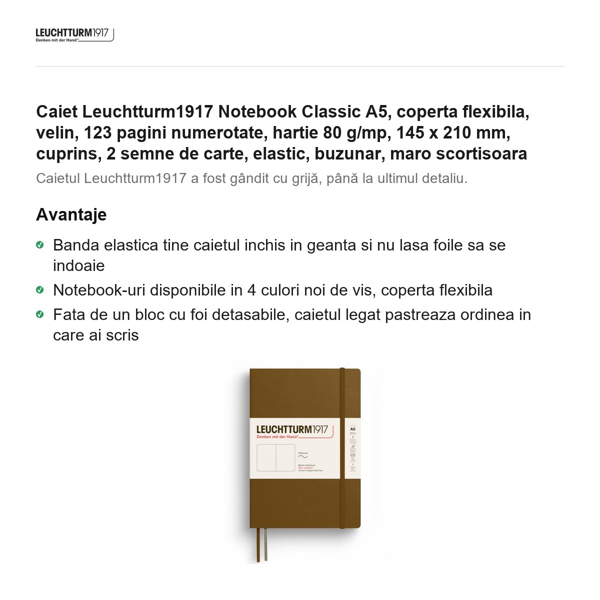 Caiet Leuchtturm1917 Notebook Classic A5, coperta flexibila, velin, 123 pagini numerotate, hartie 80 g/mp, 145 x 210 mm, cuprins, 2 semne de carte, elastic, buzunar, maro scortisoara [1]