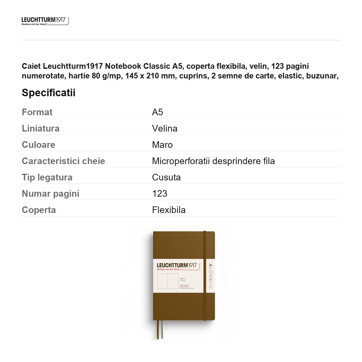 Caiet Leuchtturm1917 Notebook Classic A5, coperta flexibila, velin, 123 pagini numerotate, hartie 80 g/mp, 145 x 210 mm, cuprins, 2 semne de carte, elastic, buzunar, maro scortisoara [2]