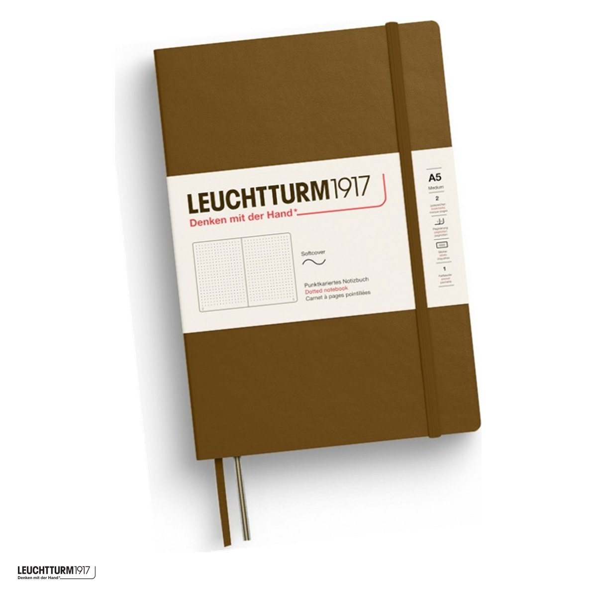 Birotica papetarie - Caiet Leuchtturm1917 Notebook Classic A5, coperta flexibila, punctat, 123 pagini numerotate, hartie 80 g/mp, 145 x 210 mm, cuprins, 2 semne de carte, elastic, buzunar, maro scortisoara