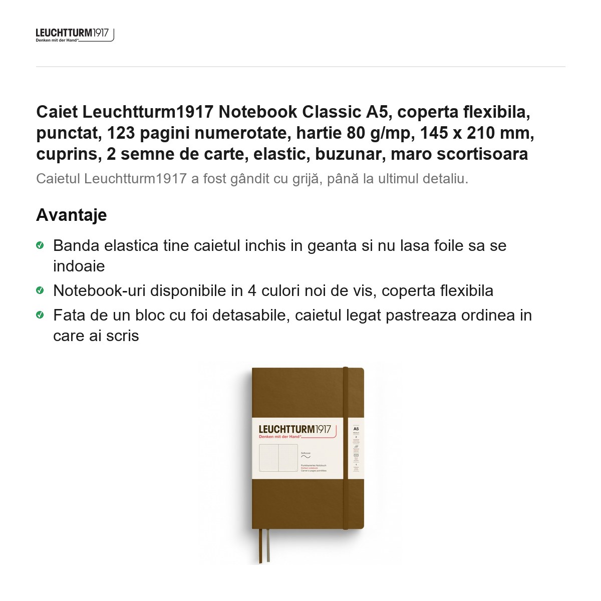 Caiet Leuchtturm1917 Notebook Classic A5, coperta flexibila, punctat, 123 pagini numerotate, hartie 80 g/mp, 145 x 210 mm, cuprins, 2 semne de carte, elastic, buzunar, maro scortisoara [1]
