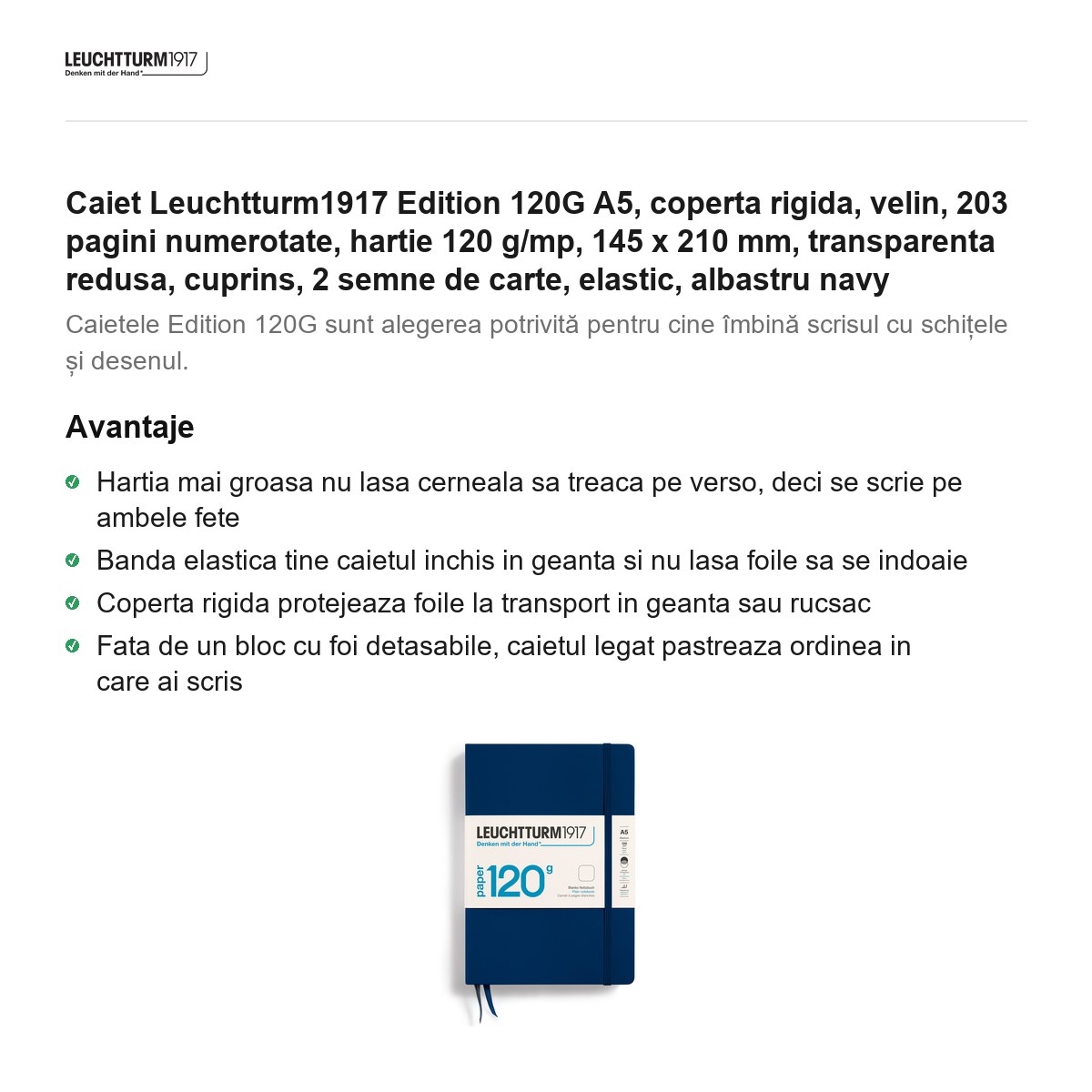 Caiet Leuchtturm1917 Edition 120G A5, coperta rigida, velin, 203 pagini numerotate, hartie 120 g/mp, 145 x 210 mm, transparenta redusa, cuprins, 2 semne de carte, elastic, albastru navy [1]