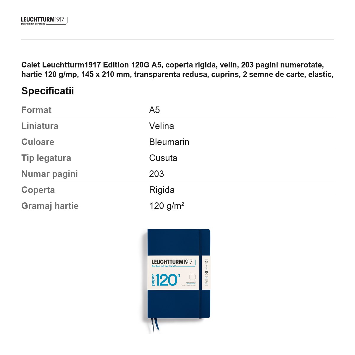 Caiet Leuchtturm1917 Edition 120G A5, coperta rigida, velin, 203 pagini numerotate, hartie 120 g/mp, 145 x 210 mm, transparenta redusa, cuprins, 2 semne de carte, elastic, albastru navy [2]