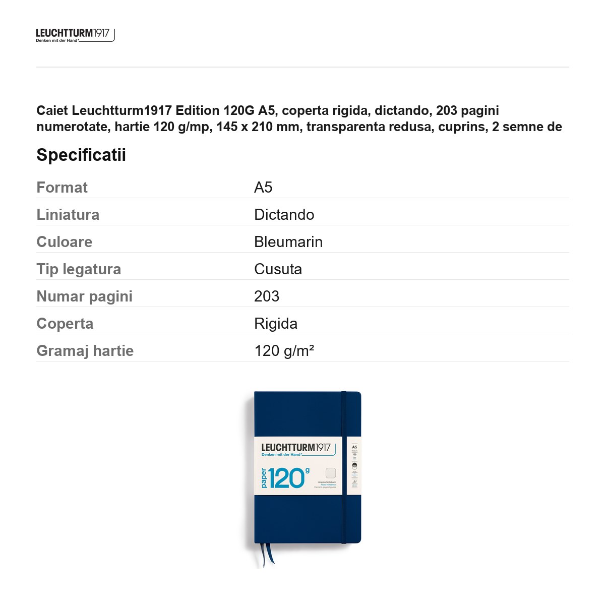 Caiet Leuchtturm1917 Edition 120G A5, coperta rigida, dictando, 203 pagini numerotate, hartie 120 g/mp, 145 x 210 mm, transparenta redusa, cuprins, 2 semne de carte, elastic, albastru navy [2]