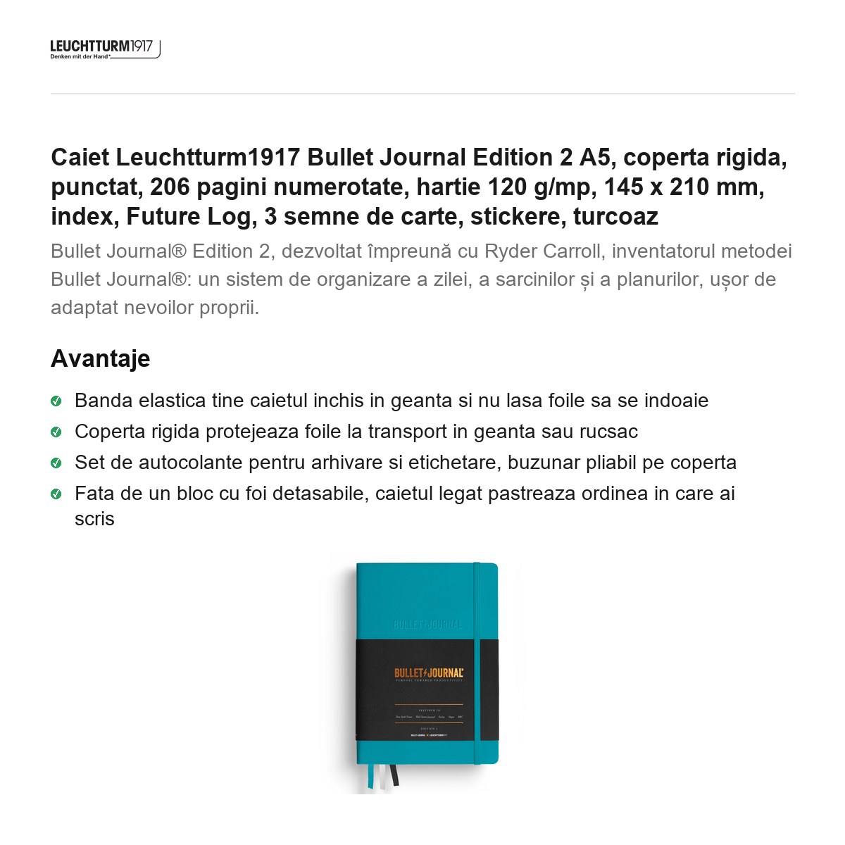 Caiet Leuchtturm1917 Bullet Journal Edition 2 A5, coperta rigida, punctat, 206 pagini numerotate, hartie 120 g/mp, 145 x 210 mm, index, Future Log, 3 semne de carte, stickere, turcoaz [1]