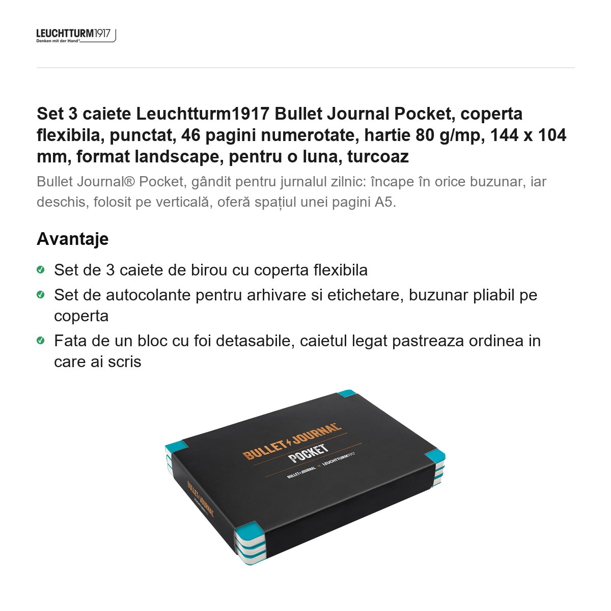 Set 3 caiete Leuchtturm1917 Bullet Journal Pocket, coperta flexibila, punctat, 46 pagini numerotate, hartie 80 g/mp, 144 x 104 mm, format landscape, pentru o luna, turcoaz [1]