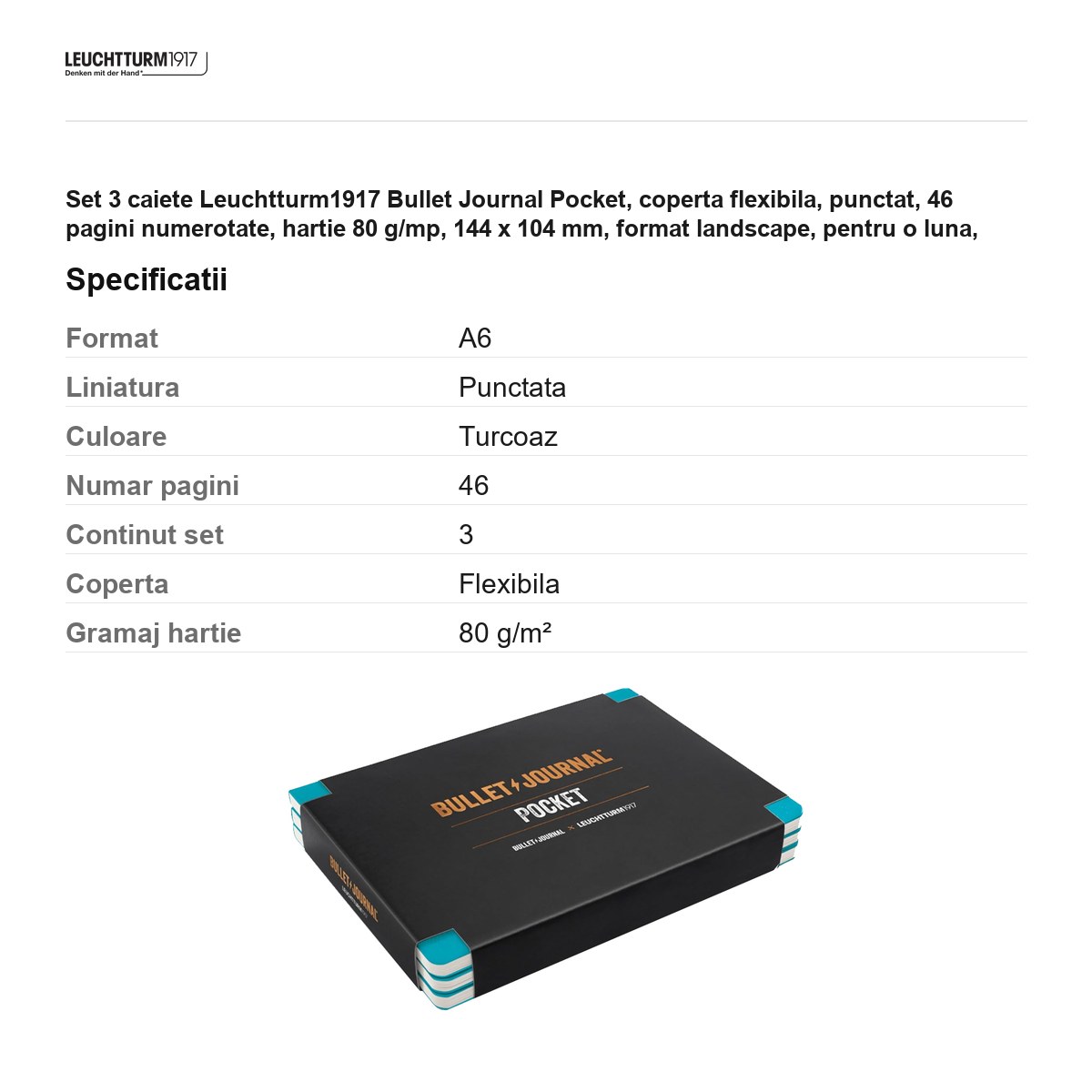 Set 3 caiete Leuchtturm1917 Bullet Journal Pocket, coperta flexibila, punctat, 46 pagini numerotate, hartie 80 g/mp, 144 x 104 mm, format landscape, pentru o luna, turcoaz [2]