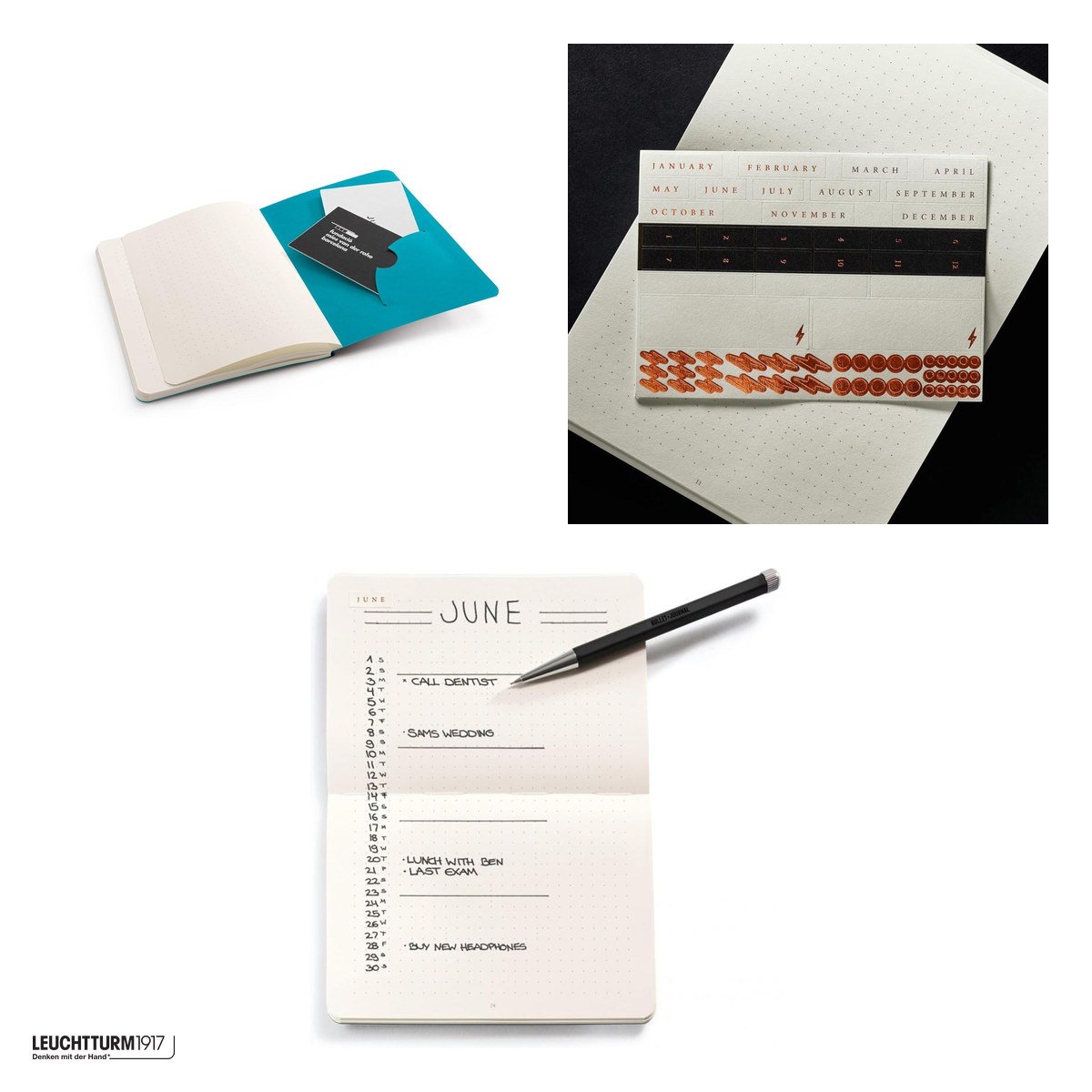 Set 3 caiete Leuchtturm1917 Bullet Journal Pocket, coperta flexibila, punctat, 46 pagini numerotate, hartie 80 g/mp, 144 x 104 mm, format landscape, pentru o luna, turcoaz [3]