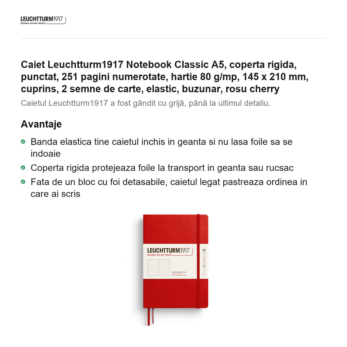 Caiet Leuchtturm1917 Notebook Classic A5, coperta rigida, punctat, 251 pagini numerotate, hartie 80 g/mp, 145 x 210 mm, cuprins, 2 semne de carte, elastic, buzunar, rosu cherry [1]