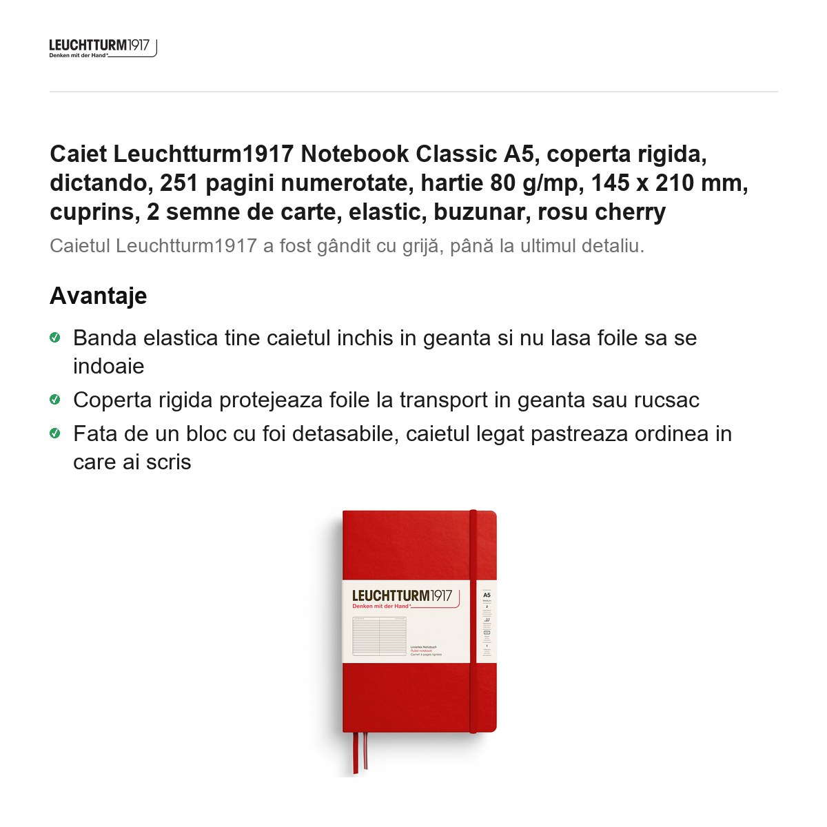 Caiet Leuchtturm1917 Notebook Classic A5, coperta rigida, dictando, 251 pagini numerotate, hartie 80 g/mp, 145 x 210 mm, cuprins, 2 semne de carte, elastic, buzunar, rosu cherry [1]