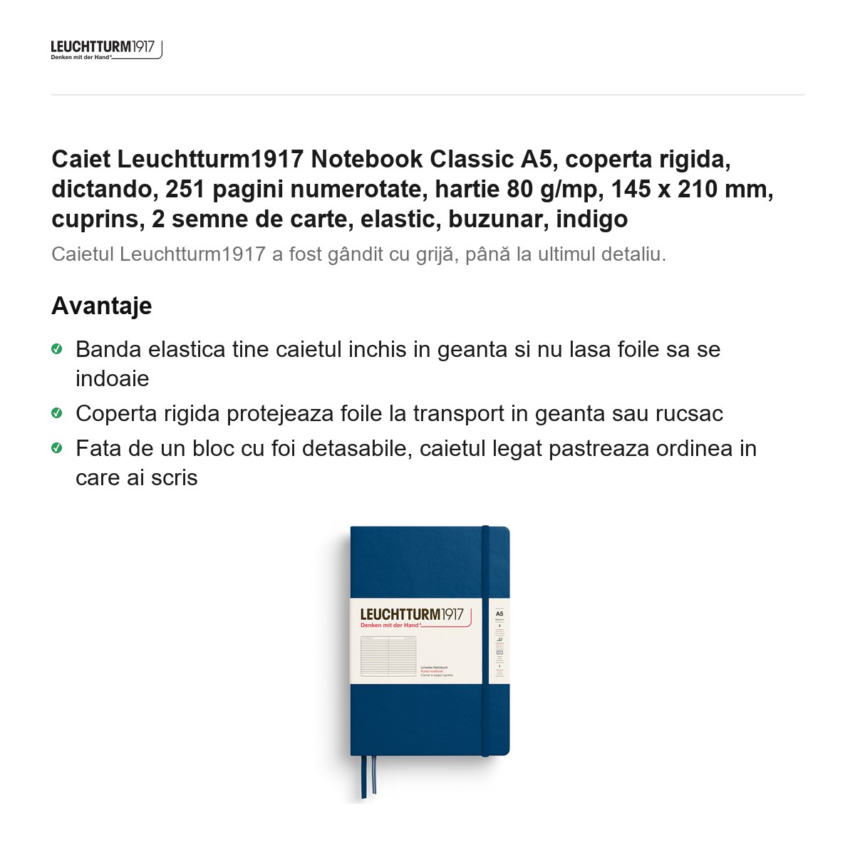Caiet Leuchtturm1917 Notebook Classic A5, coperta rigida, dictando, 251 pagini numerotate, hartie 80 g/mp, 145 x 210 mm, cuprins, 2 semne de carte, elastic, buzunar, indigo [1]
