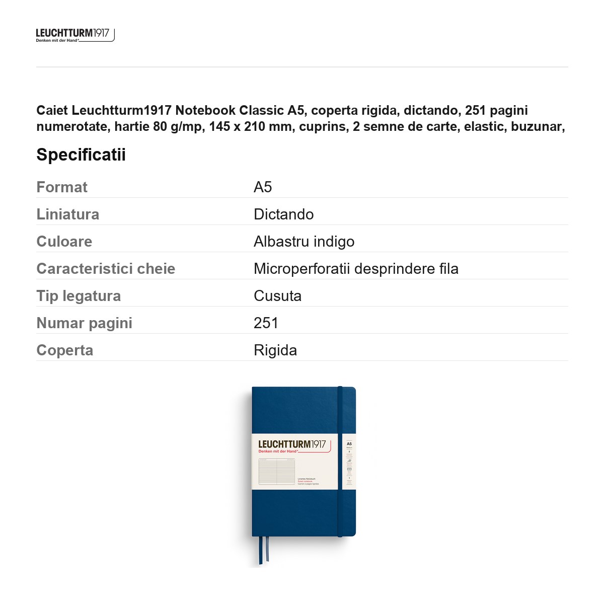 Caiet Leuchtturm1917 Notebook Classic A5, coperta rigida, dictando, 251 pagini numerotate, hartie 80 g/mp, 145 x 210 mm, cuprins, 2 semne de carte, elastic, buzunar, indigo [2]