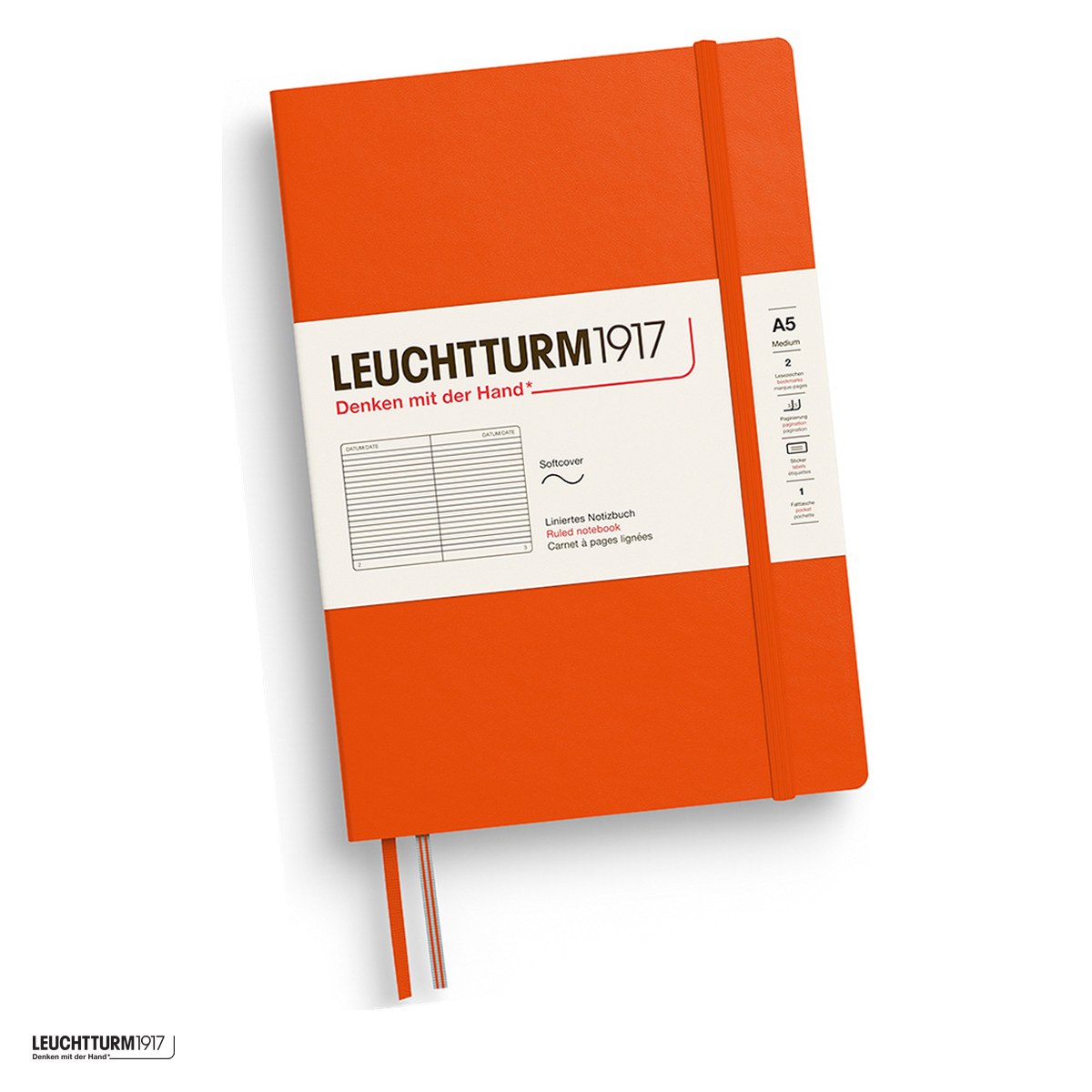 Birotica papetarie - Caiet Leuchtturm1917 Notebook Classic A5, coperta flexibila, dictando, 123 pagini numerotate, hartie 80 g/mp, 145 x 210 mm, cuprins, 2 semne de carte, elastic, buzunar, portocaliu dovleac