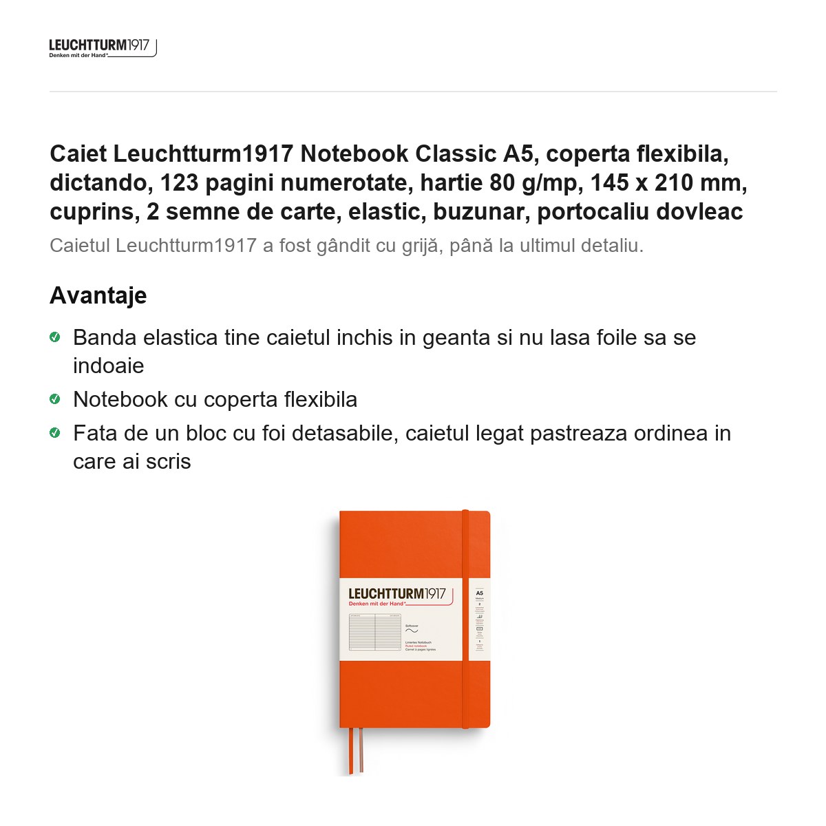Caiet Leuchtturm1917 Notebook Classic A5, coperta flexibila, dictando, 123 pagini numerotate, hartie 80 g/mp, 145 x 210 mm, cuprins, 2 semne de carte, elastic, buzunar, portocaliu dovleac [1]