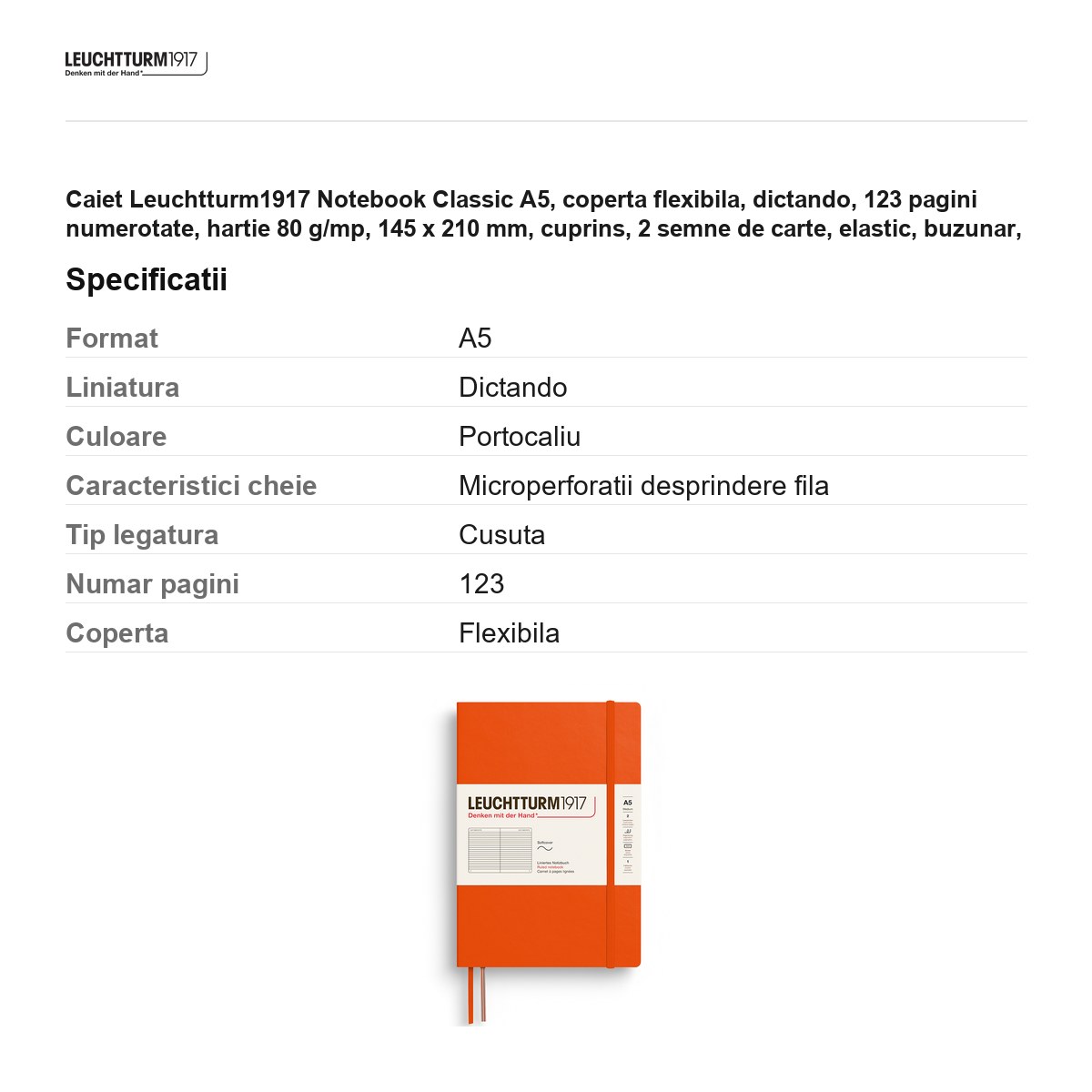 Caiet Leuchtturm1917 Notebook Classic A5, coperta flexibila, dictando, 123 pagini numerotate, hartie 80 g/mp, 145 x 210 mm, cuprins, 2 semne de carte, elastic, buzunar, portocaliu dovleac [2]