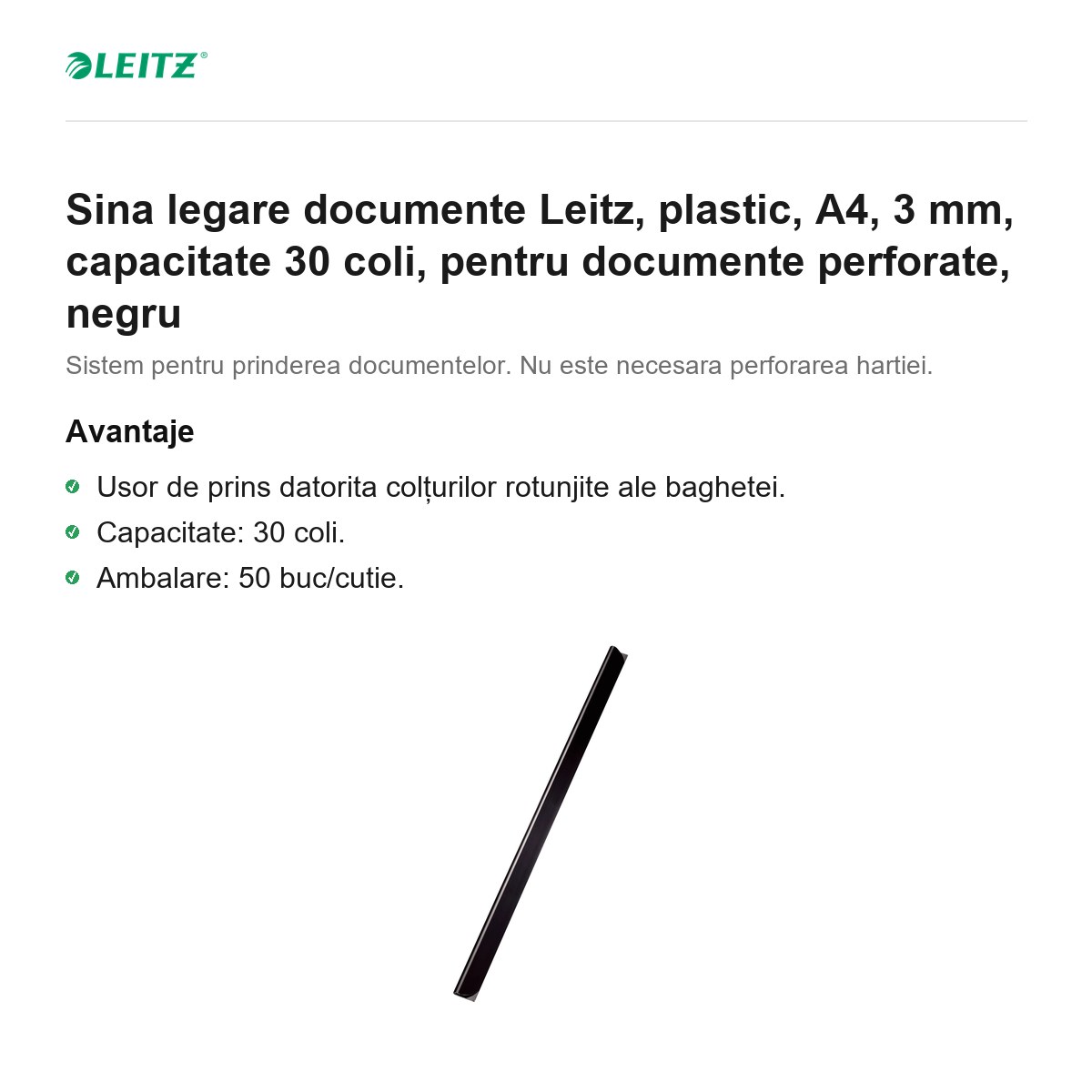 Sina legare documente Leitz, plastic, A4, 3 mm, capacitate 30 coli, pentru documente perforate, negru [1]