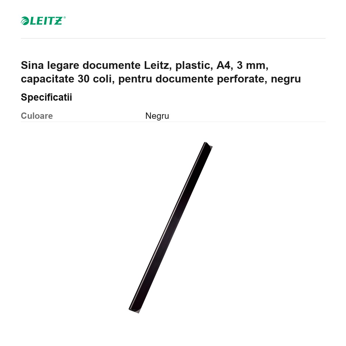 Sina legare documente Leitz, plastic, A4, 3 mm, capacitate 30 coli, pentru documente perforate, negru [2]