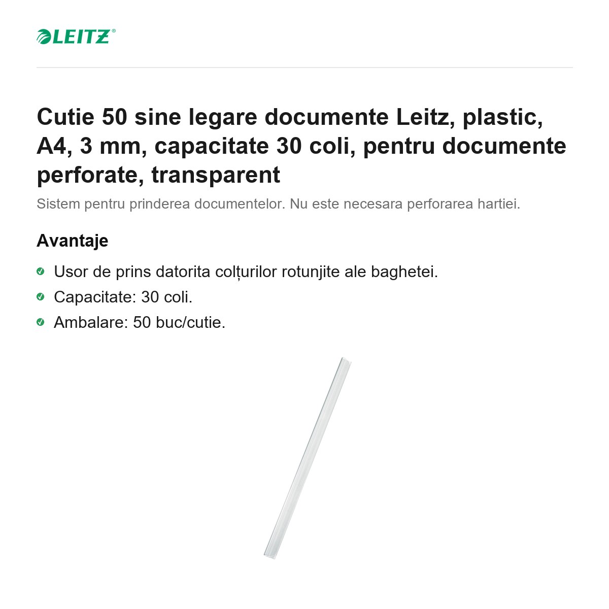 Cutie 50 sine legare documente Leitz, plastic, A4, 3 mm, capacitate 30 coli, pentru documente perforate, transparent [1]