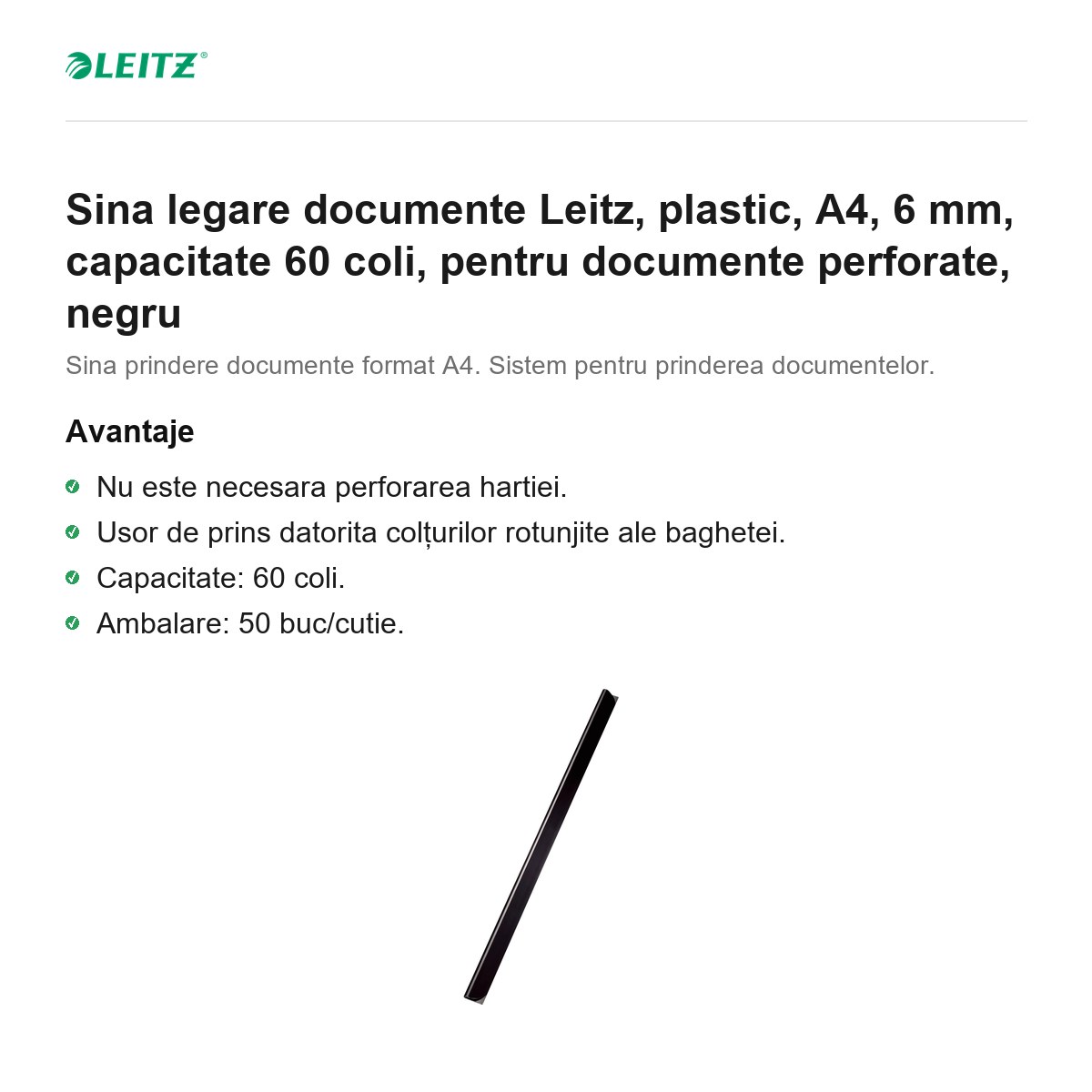 Sina legare documente Leitz, plastic, A4, 6 mm, capacitate 60 coli, pentru documente perforate, negru [1]
