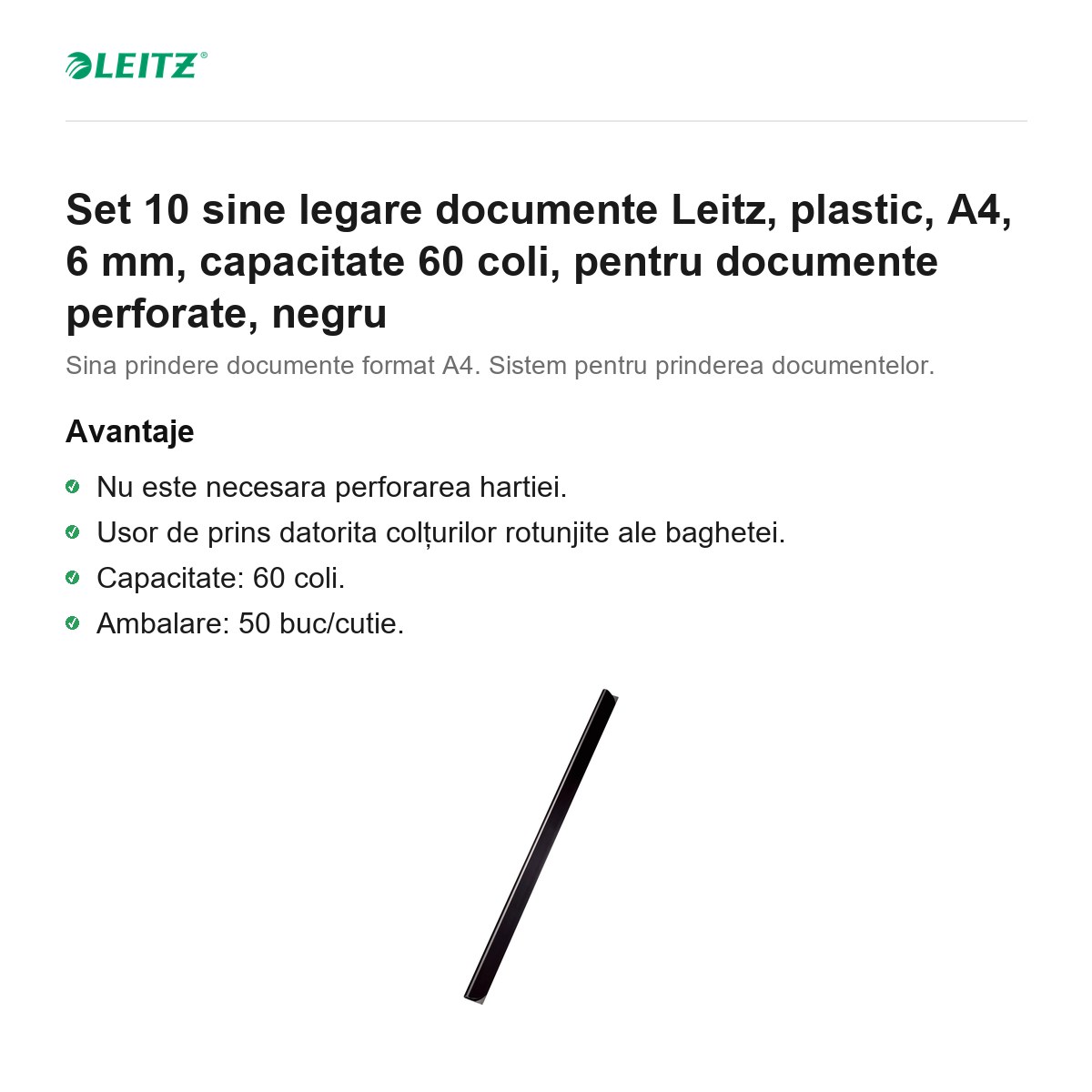 Set 10 sine legare documente Leitz, plastic, A4, 6 mm, capacitate 60 coli, pentru documente perforate, negru [1]